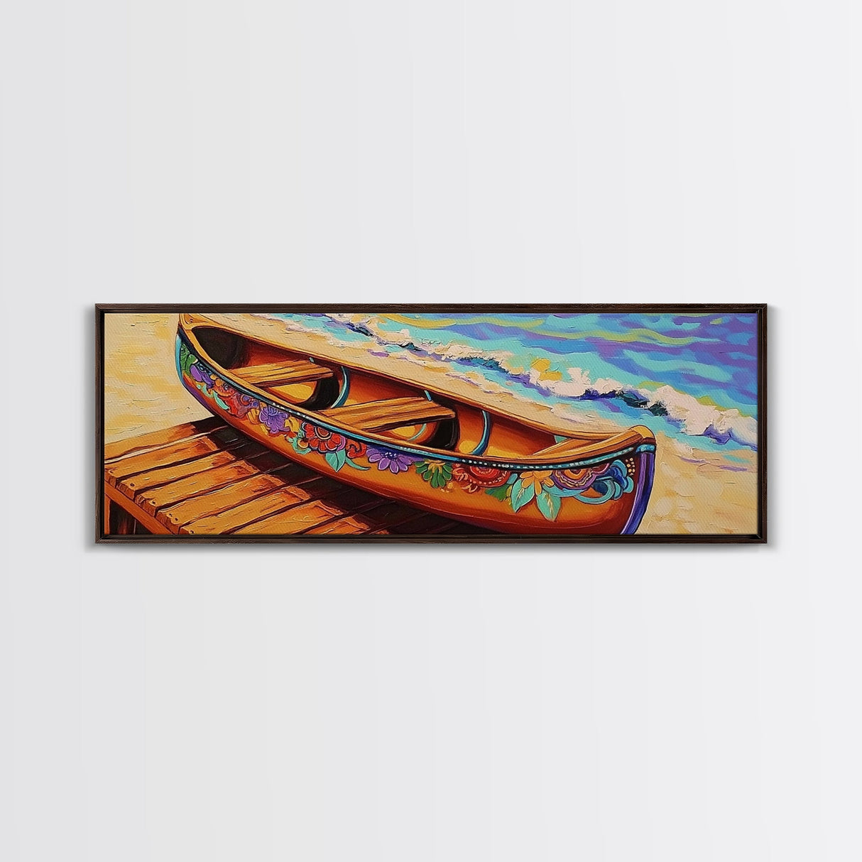 Floral Canoe Painting, Beachside Dock Art, Coastal Decor Accent, Canvas Print, Nautical Wall Art, Boho Beach House Living Room