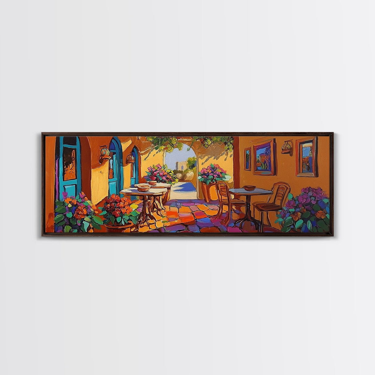 Mediterranean Patio Vibe, Colorful Courtyard Painting, Rustic Garden View, Framed Canvas Print, Kitchen Wall Art, Tuscan Style Decor