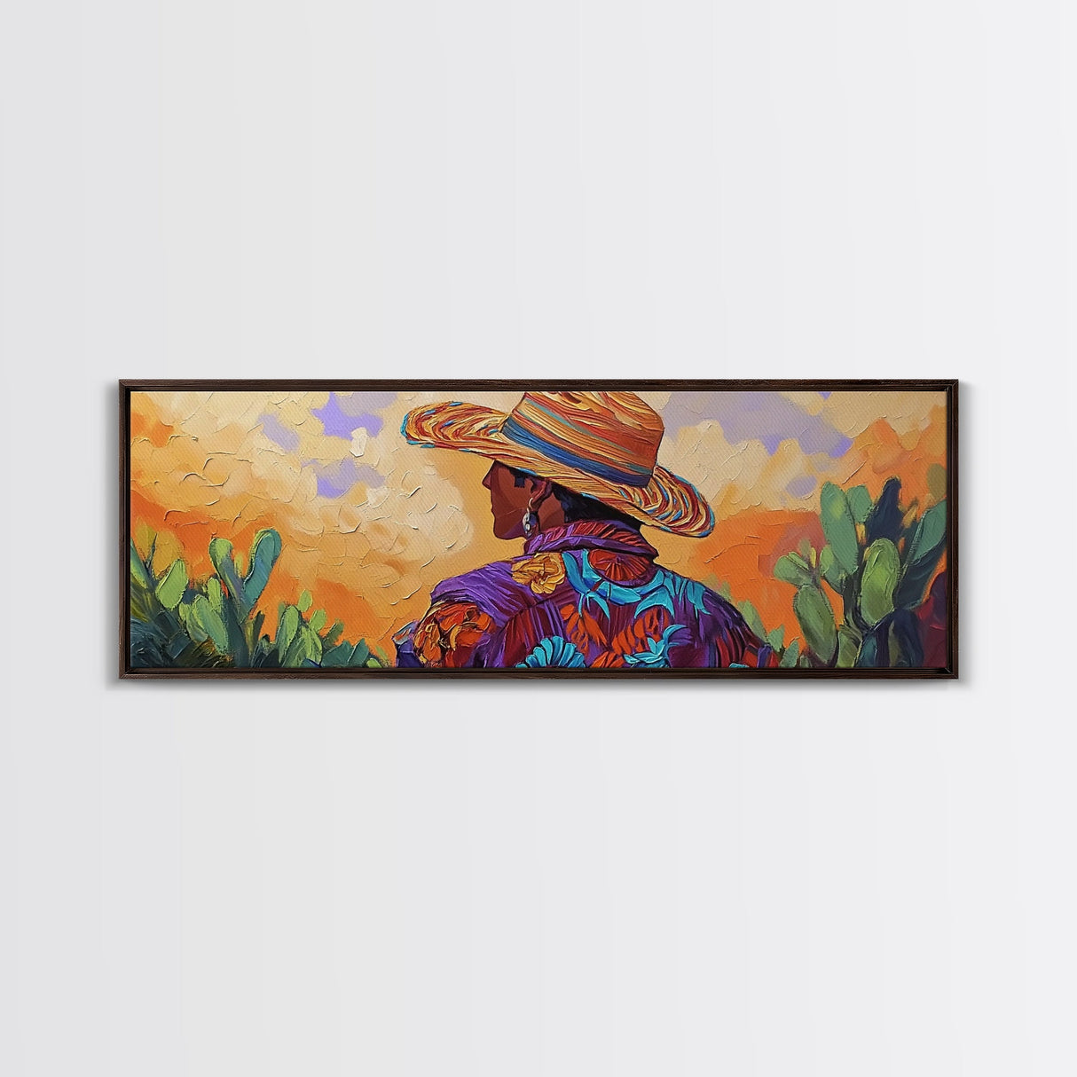 Mexican Cowboy, Sunset Western Portrait, Vibrant Hat Man, Desert Decor, Framed Canvas Print, Boho Art, Rustic Living Room Wall Art