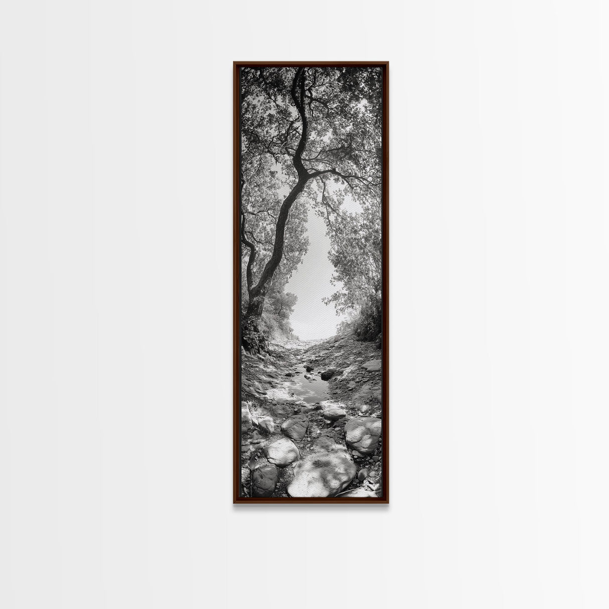 Forest Path, Rock Creek, Canopy Light, Calm Nature Scene, Canvas Print, Entryway Wall Art, Tranquil Minimalist Landscape Print