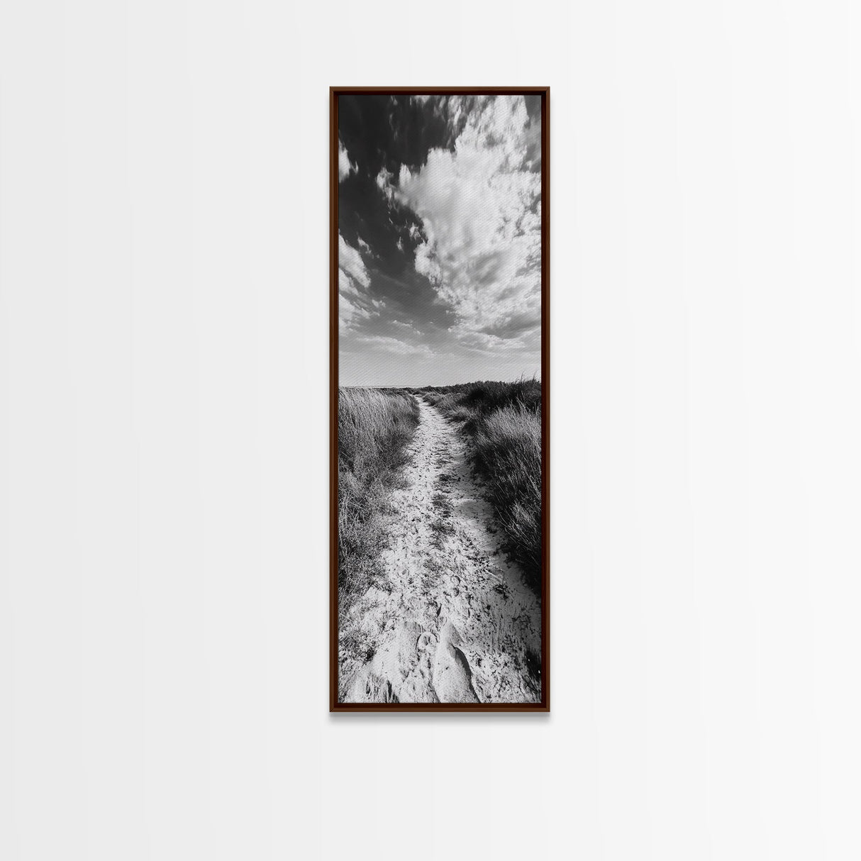 Sandy Trail, Beach Path, Cloudy Sky, Coastal Living, Framed Canvas Print, Relaxed Nature Vibe, Hallway Wall Art, Minimal Decor