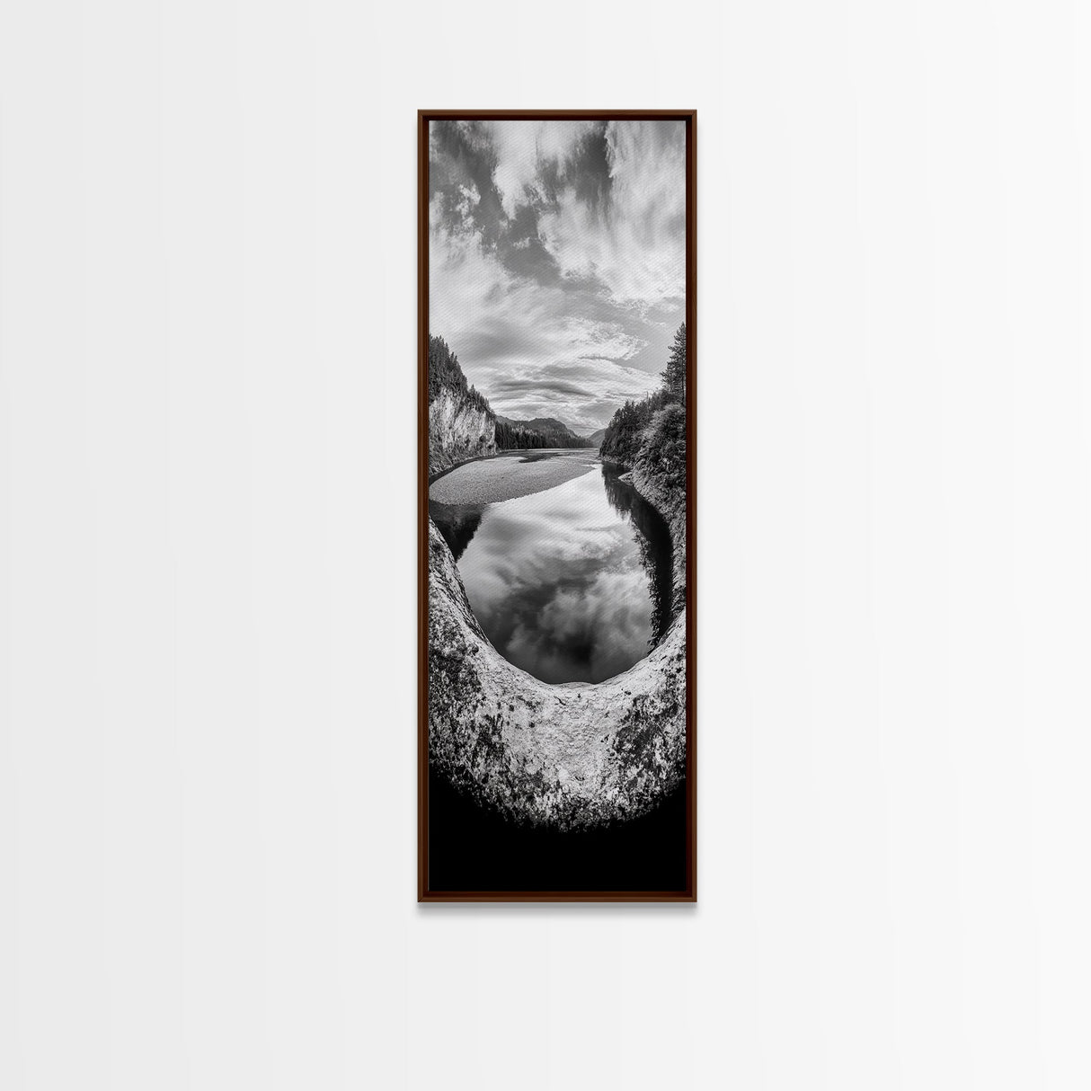Black and White River, Forest Nature Scene, Reflection Wall Art, Framed Canvas Print, Neutral Landscape, Minimalist Bedroom Decor
