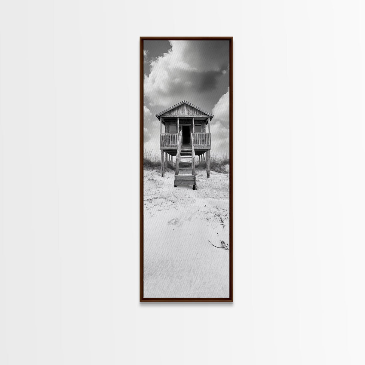 Beachfront Cabin, Rustic Shack, Seaside Simplicity, Cloudy Sky, Island Life, Framed Canvas Print, Entryway Wall Art, Coastal Farmhouse Decor