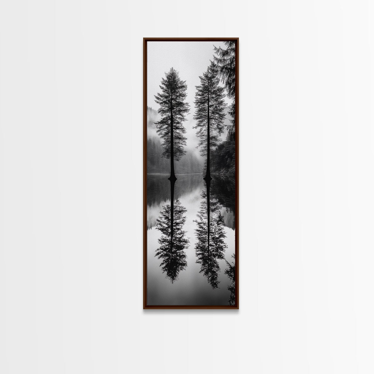 Twin Pines, Forest Reflection, Misty Lake, Black and White Nature, Framed Canvas Print, Living Room Wall Art, Nature Photography, Zen Decor