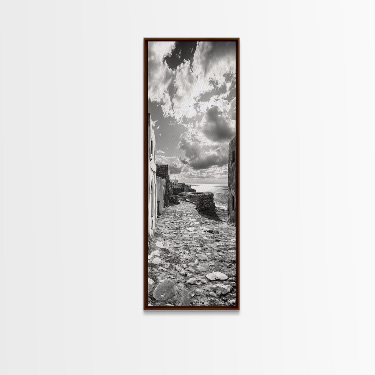 Coastal Street, Ocean View, Mediterranean Charm, Monochrome Photography, Framed Canvas Print, Living Room Print, Kitchen Wall Art