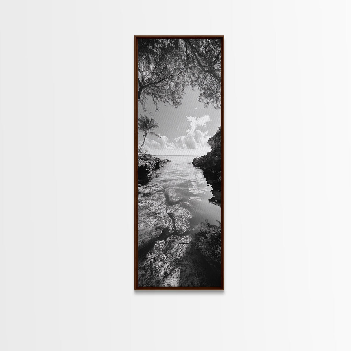Island Cove, Palm Tree, Peaceful Sea, Tropical Coastline, Black and White Framed Canvas Print, Boho Beach Wall Art, Bathroom Decor