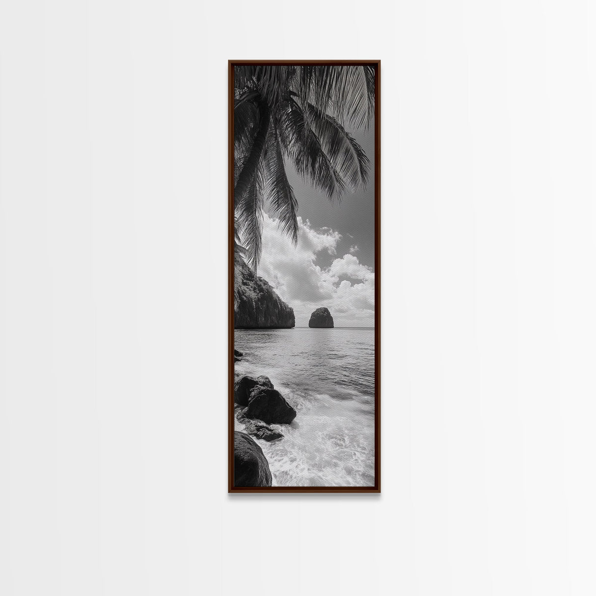 Island View, Palm Shoreline, Tropical Escape, Framed Canvas Print, Beach House Wall Art, Coastal Summer Decor, Zen Ocean Aesthetic