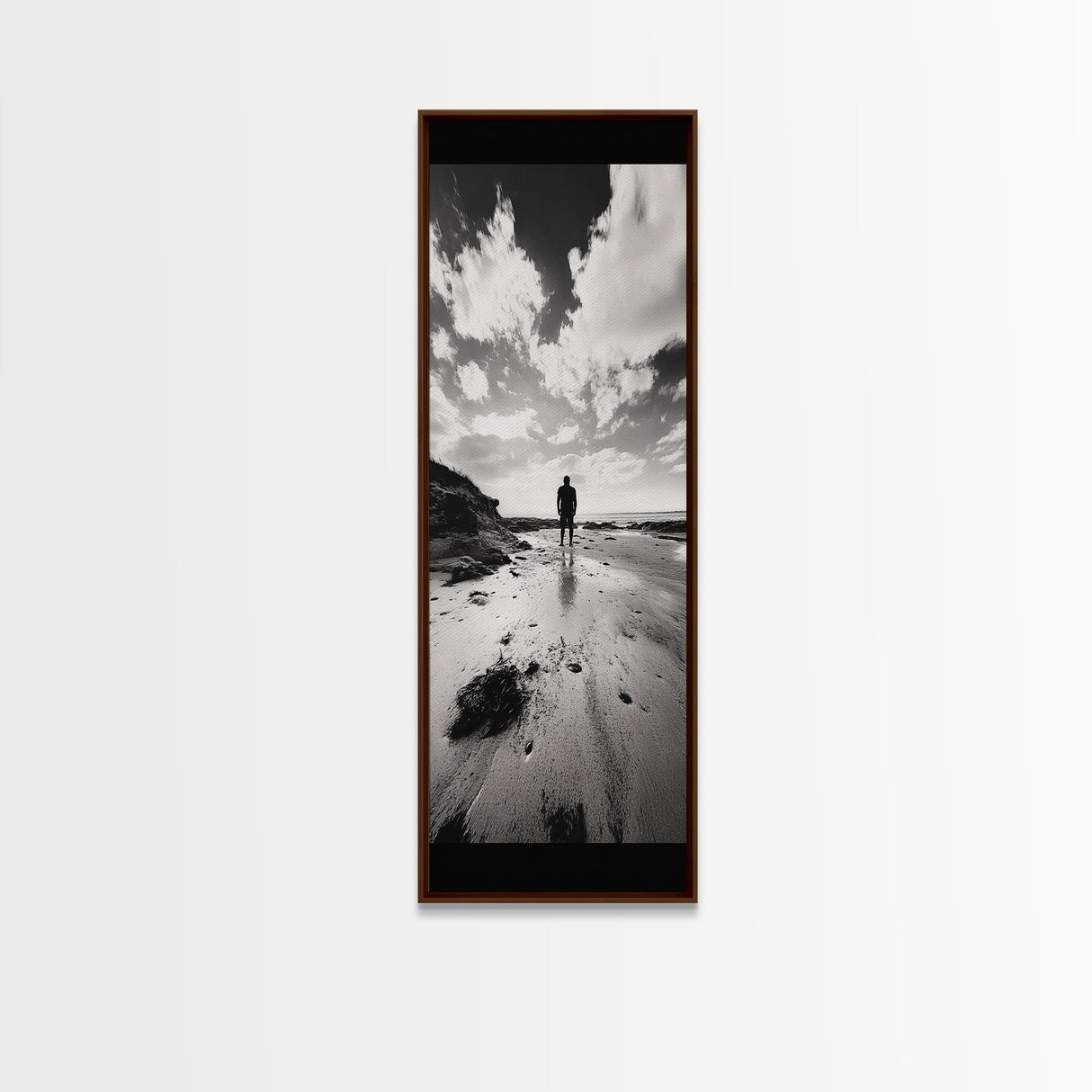 Lone Beach Walker, Dramatic Sky, Ocean Reflections, Solitude Moment, Framed Canvas Print, Hallway Wall Art, Moody Minimalist Decor