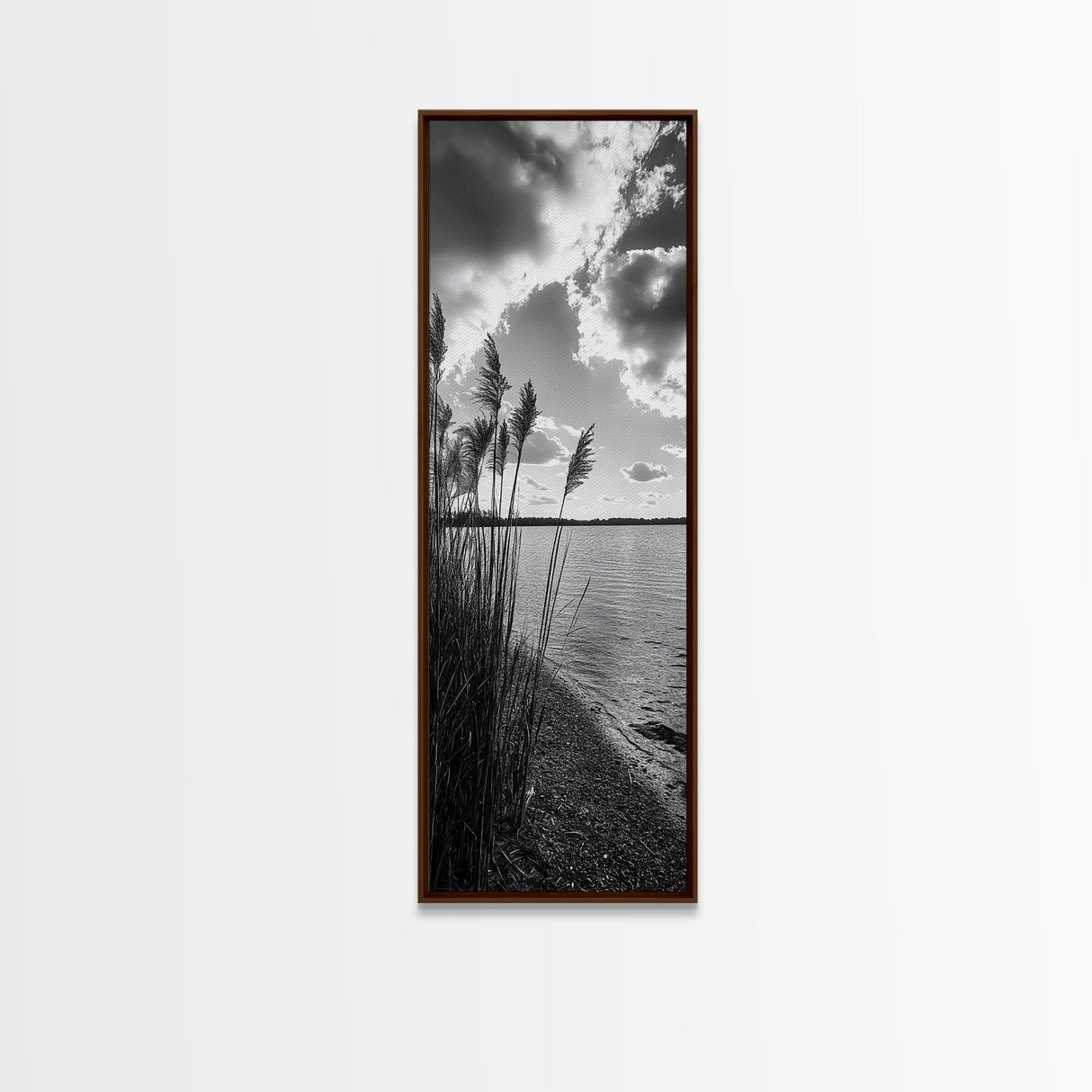 Reeds at Sunset, Lake Shoreline, Tranquil Water, Framed Canvas Print, Entryway Wall Art, Autumn Decor, Natural Photography, Neutral Tones