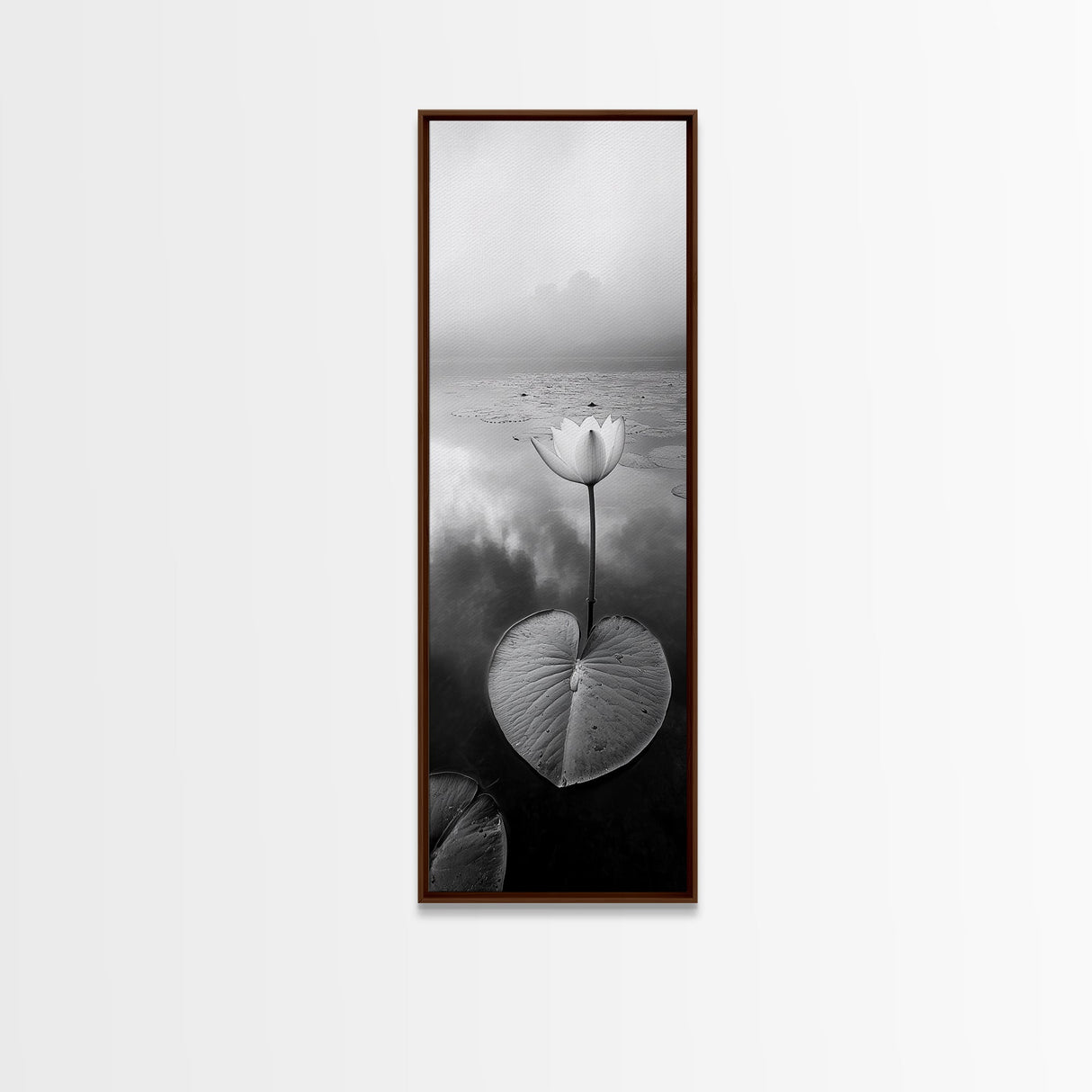 Minimalist Lotus, Zen Flower, Misty Pond, Tranquil Nature, Monochrome Botanical Framed Canvas Print, Bedroom Meditation Wall Decor