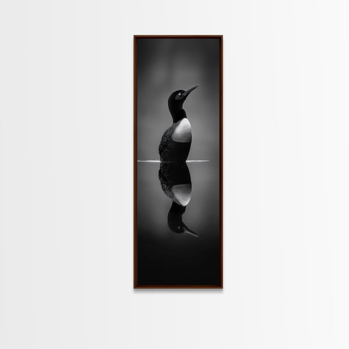 Reflected Loon, Lake Silence, Bird Mirror, Wildlife Art, Moody Black White Framed Canvas Print, Study Nature Wall Decor Minimalist Style