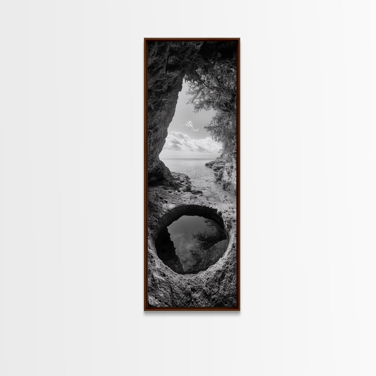 Ocean Cave, Coastal View, Natural Tide Pool, Canvas Print, Bathroom Wall Art, Seaside Decor, Minimalist Landscape, Black and White Art