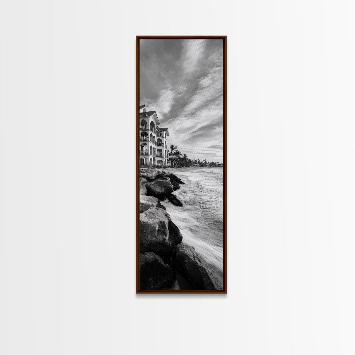Coastal Resort Scene, Waves Rocks Hotel, Tropical Vacation Art, Beach House Wall Decor, Canvas Print, Living Room Style, Coastal Minimalist