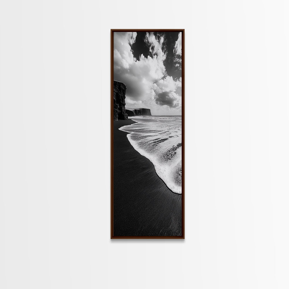 Shoreline Edge, Ocean Waves, Coastal Horizon, Framed Canvas Print, Black and White Beach Art, Bathroom Art, Entryway Wall Decor