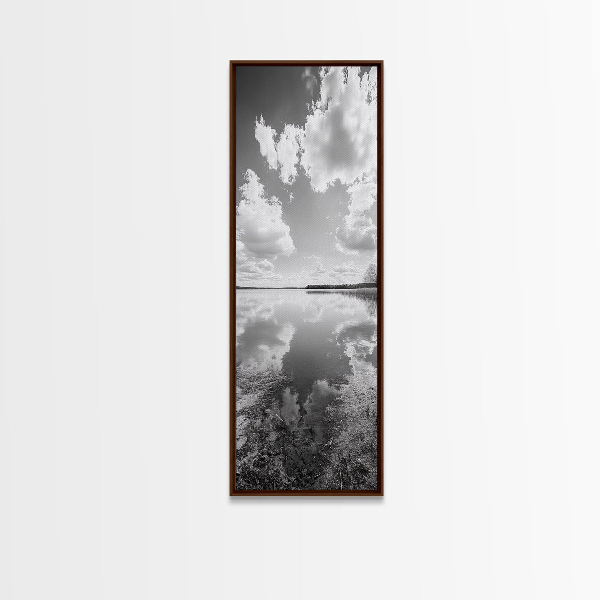 Lake Reflection, Calm Waters, Cloudy Sky, Minimalist Landscape, Framed Canvas Print, Neutral Living Room Art, Tranquil Nature Scene