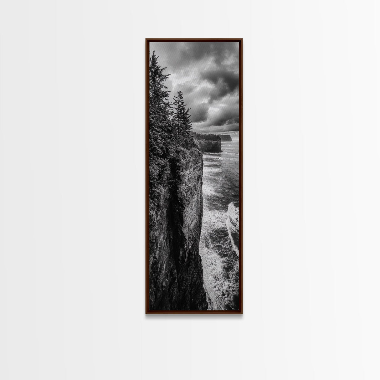 Cliff Coastline, Moody Ocean, Pine Trees, Dramatic Nature Scene, Canvas Print, Cabin Wall Art, Fall Coastal Photography, Rustic Decor