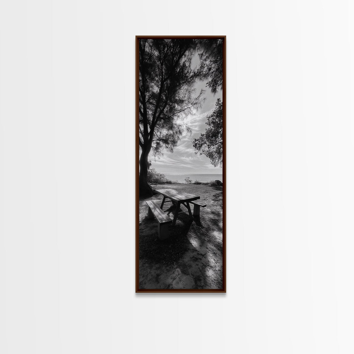 Seaside Picnic Spot, Tranquil Coastal Scene, Nature Landscape, Framed Canvas Print, Dining Room Print, Beach House Wall Art, Hallway Decor