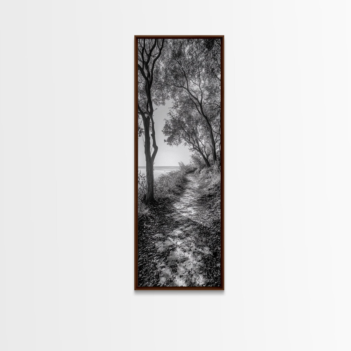 Lakeside Pathway Scene, Forest Walk Tranquility, Coastal Trail Mood, Framed Canvas Print, Nature-Lover Bedroom Wall Art, Cabin Wall Art