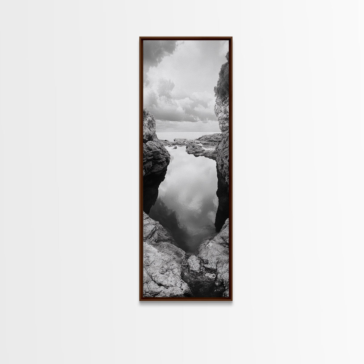 Tide Pool, Coastal Reflection, Tranquil Cove, Cloudy Sky, Framed Canvas Print Zen Bathroom Art, Minimalist Nature Wall Decor, Neutral Modern Style