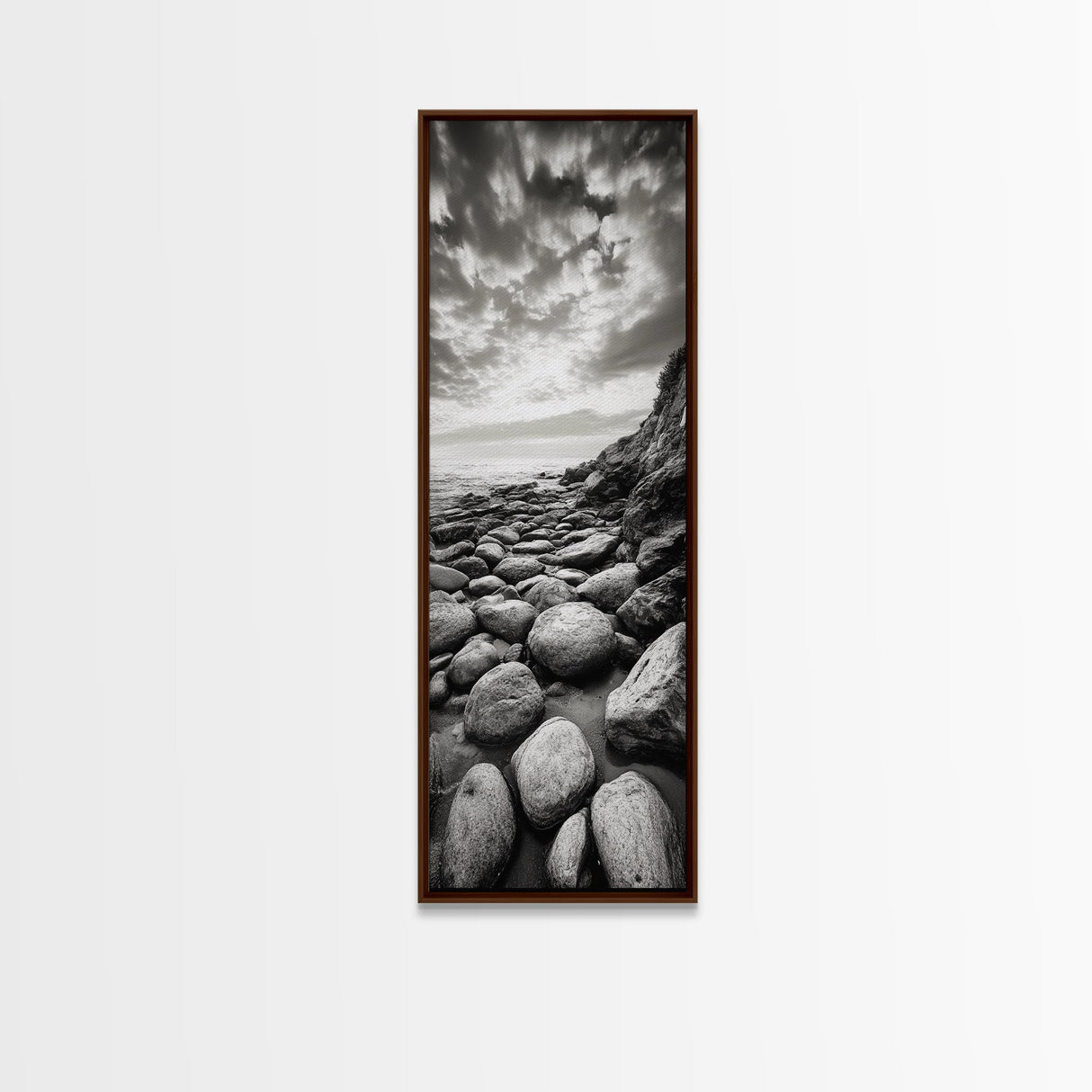 Coastal Stones, Rocky Shore, Sunrise Ocean, Black White Print, Framed Canvas Print Beach House Decor, Entryway Art, Nautical Minimalist Wall Art