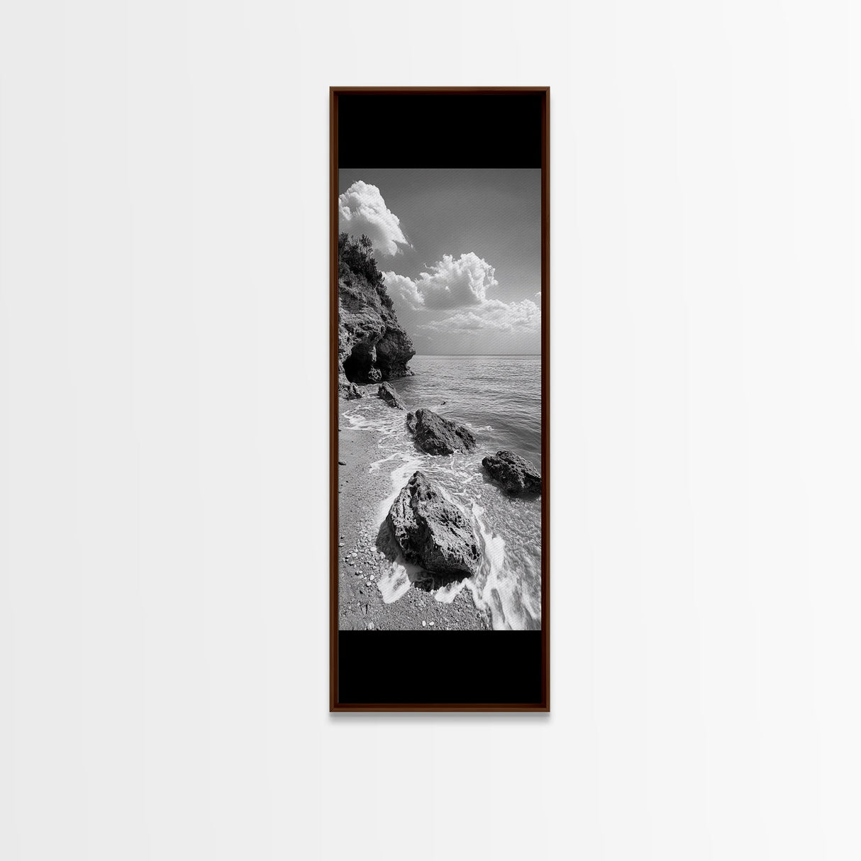 Rocky Beach, Calm Water, Summer Shore, Black White Coastal View, Framed Canvas Print Beach Wall Art, Nature Decor, Coastal Bathroom Style