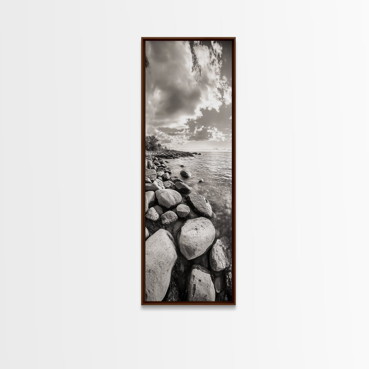 Sunrise Shore, Tranquil Coast, Pebble Beach, Golden Glow, Framed Canvas Print Fall Wall Art, Landscape Living Room Decor, Minimalist Aesthetic
