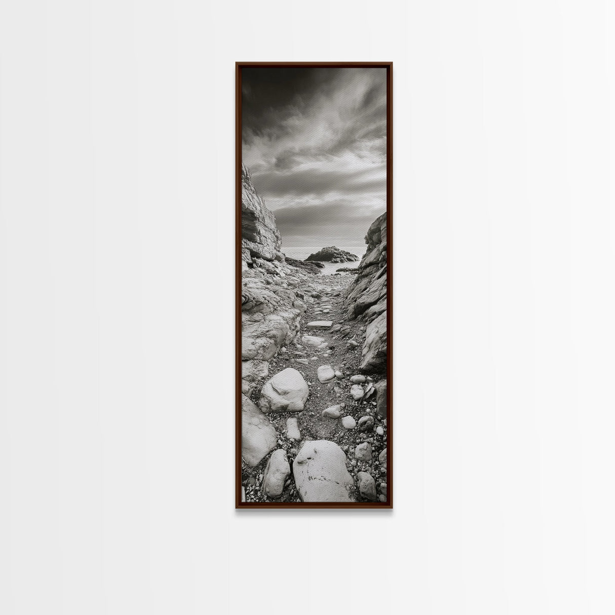 Rocky Coast Path, Serene Ocean View, Minimalist Nature, Framed Canvas Print, Neutral Tones, Beach Art, Hallway Wall Decor, Coastal Home Vibe