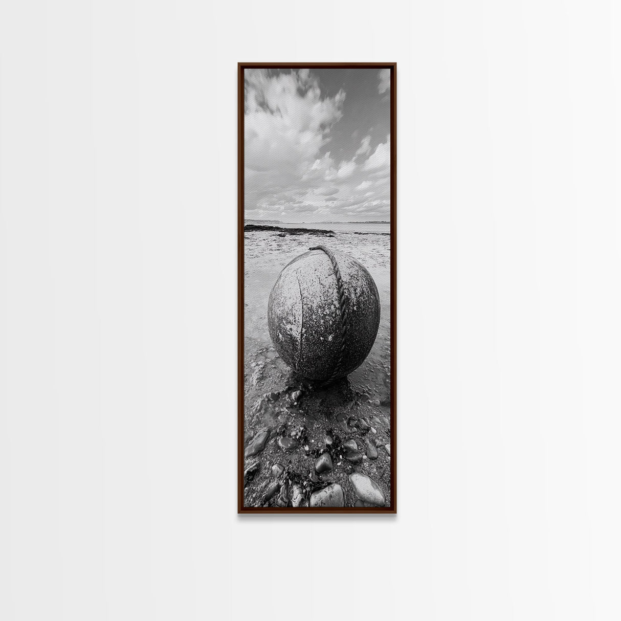 Weathered Buoy Ball, Rustic Coastal, Beach Decor, Nautical Minimalism, Framed Canvas Print, Bathroom Wall Art, Ocean Inspired Design