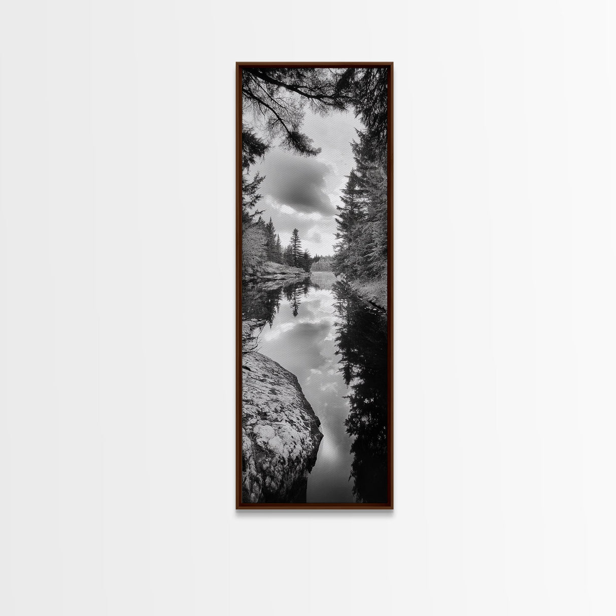 Forest Reflection, Lake Stillness, Tranquil Pines, Nature Calm, Black and White Canvas Print, Bedroom Wall Art, Cabin Vibes