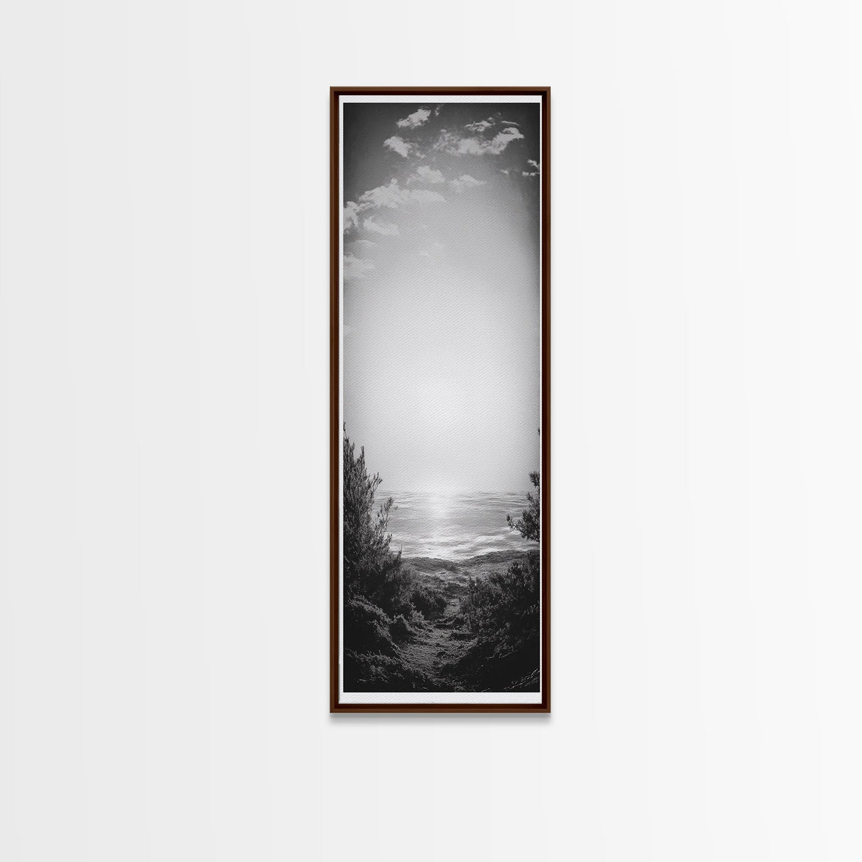 Horizon Glow, Ocean Sunset, Seaside Path, Tranquil Evening Framed Canvas Print, Nature Inspired Bedroom Wall Art, Zen Minimalist Decor