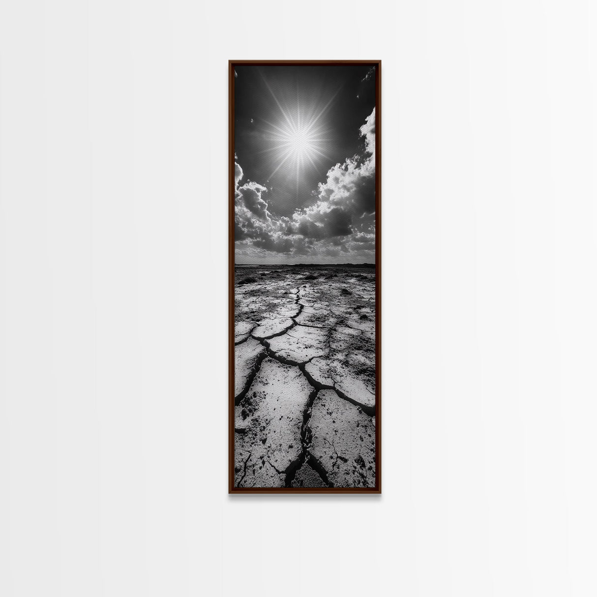Cracked Earth, Sunburst Sky, Natural Texture, Desert Landscape, Framed Canvas Print, Rustic Decor, Earth Tone Art, Office Wall Art