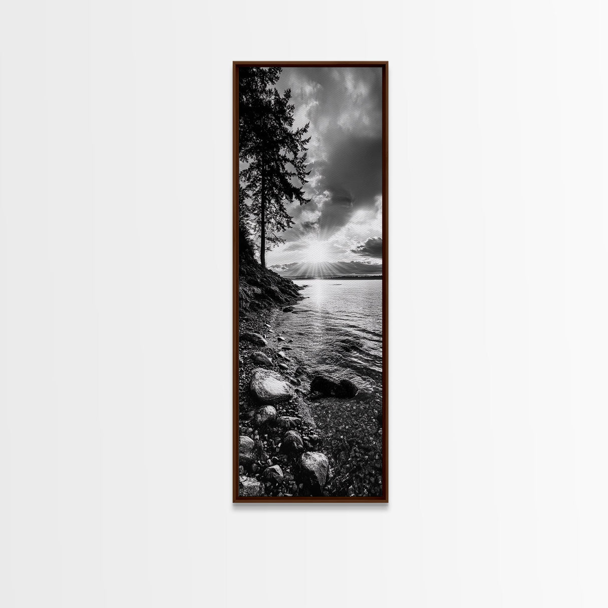 Tree Shoreline, Tranquil Water, Sunset Reflection, Peaceful Horizon, Framed Canvas Print, Nature Photography, Cabin Wall Art