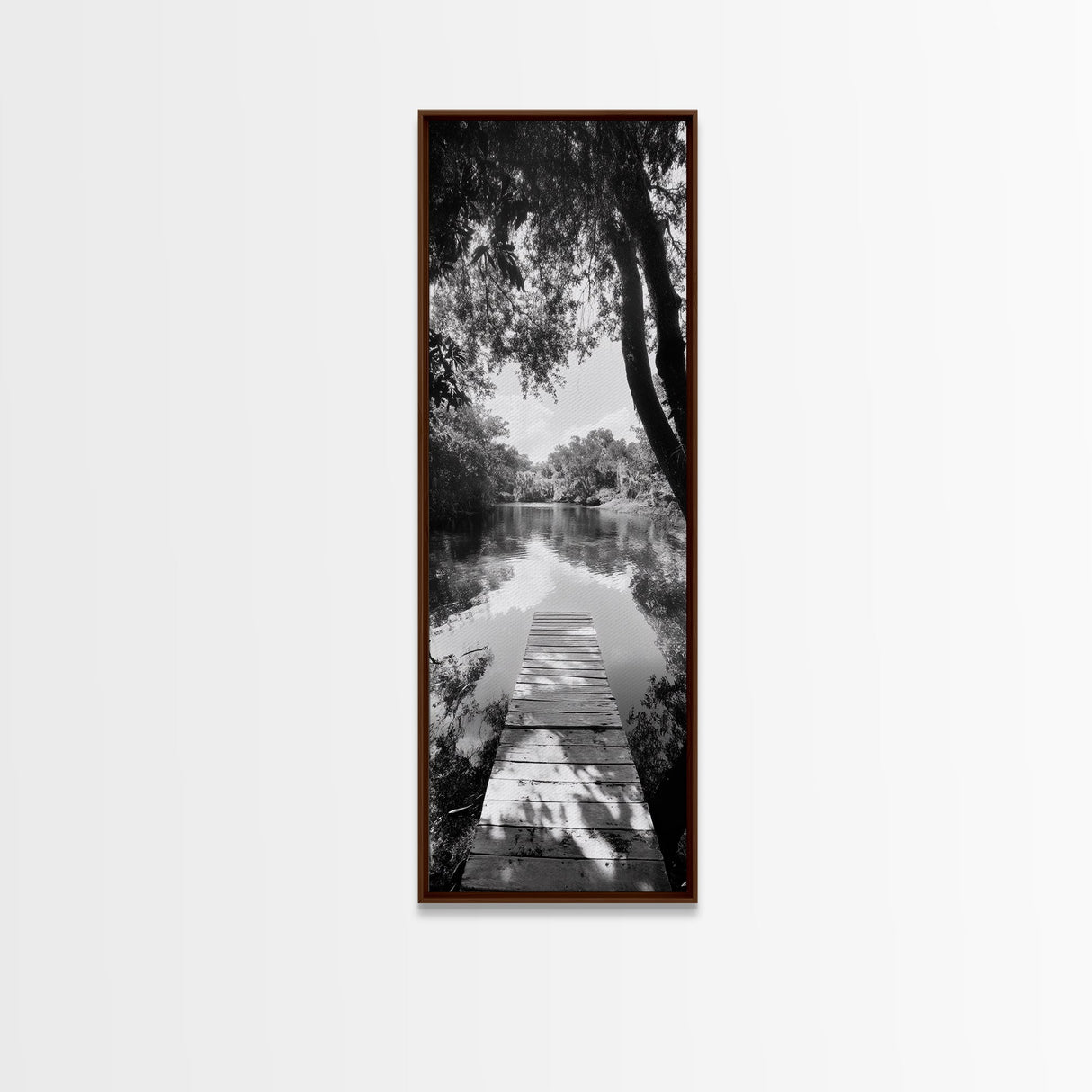 Tranquil Dock, Lake Stillness, Nature Reflection, Forest Retreat, Framed Canvas Print, Cabin Wall Art, Rustic Style, Bedroom Decor
