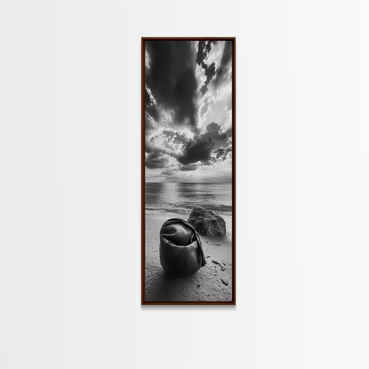 Coastal Bag, Driftwood Rock, Stormy Sea, Framed Canvas Print, Moody Beach Wall Art, Minimalist Decor, Ocean Vibe Photography