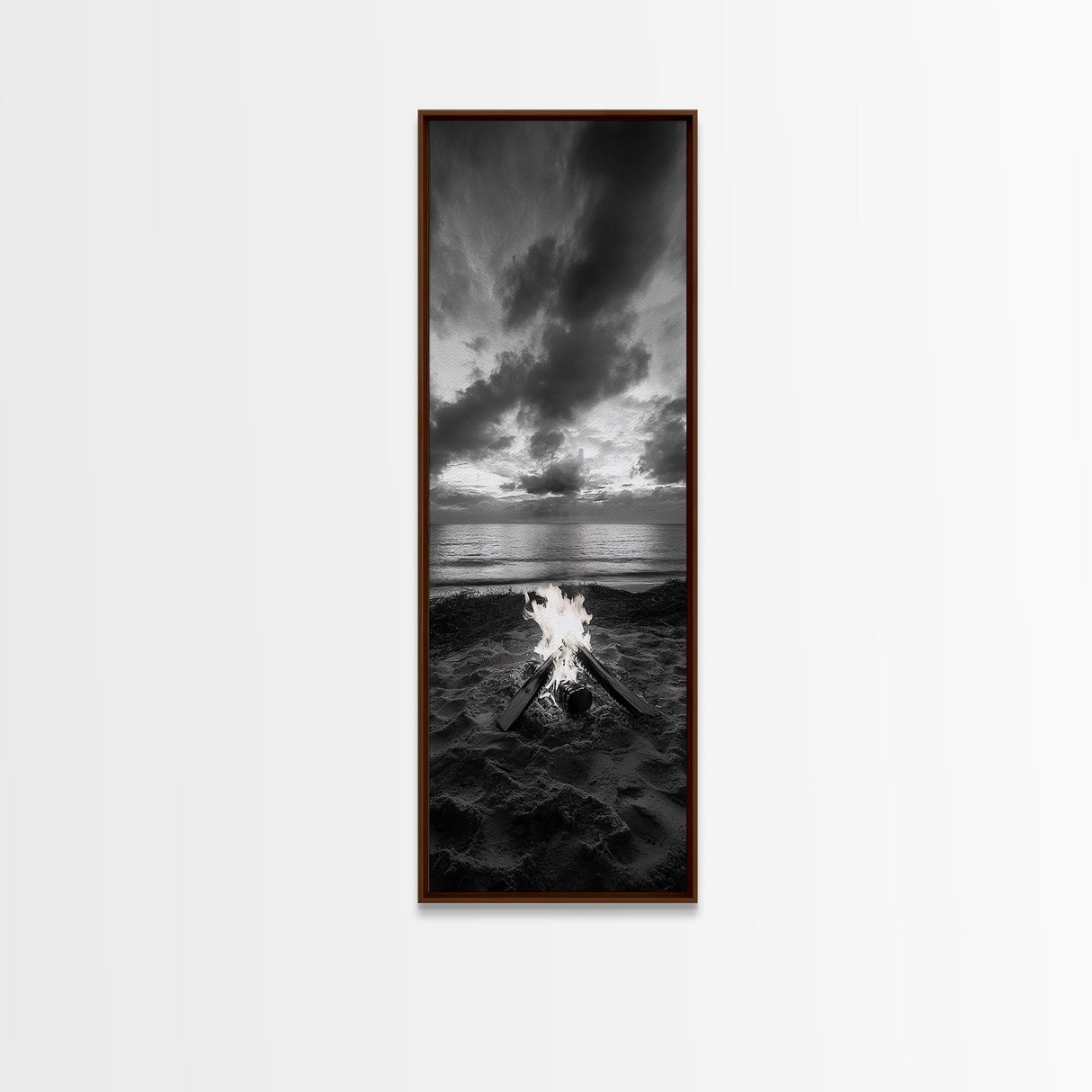 Campfire Glow Dusk, Beach Bonfire, Ocean Sunset Flame, Cozy Evening Mood, Framed Canvas Print, Fall Wall Art, Cabin Living Room Decor