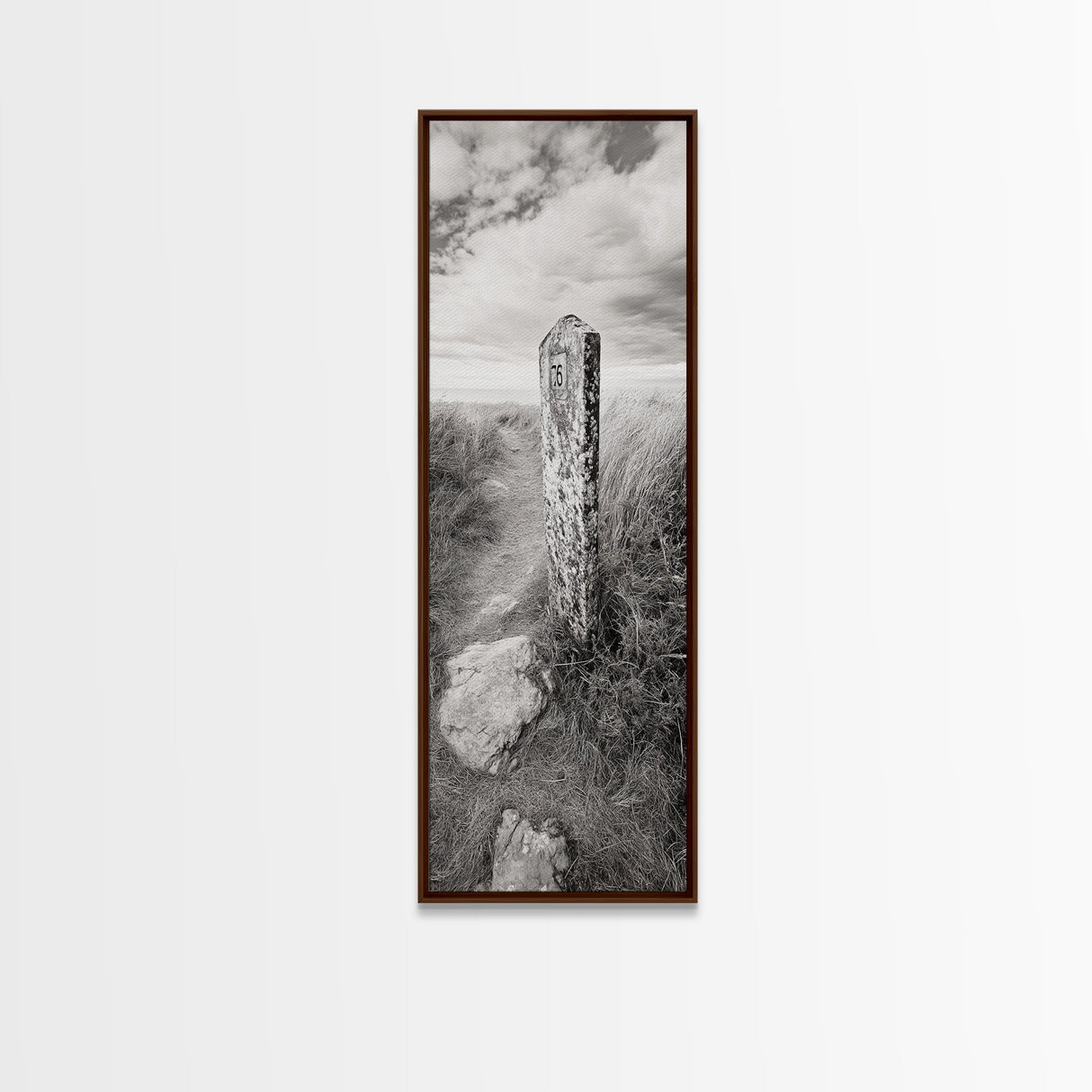 Rural Path, Weathered Stone, Grassy Trail, Framed Canvas Print, Rustic Nature Wall Art, Minimalist Entryway Decor, Autumn Landscape Art