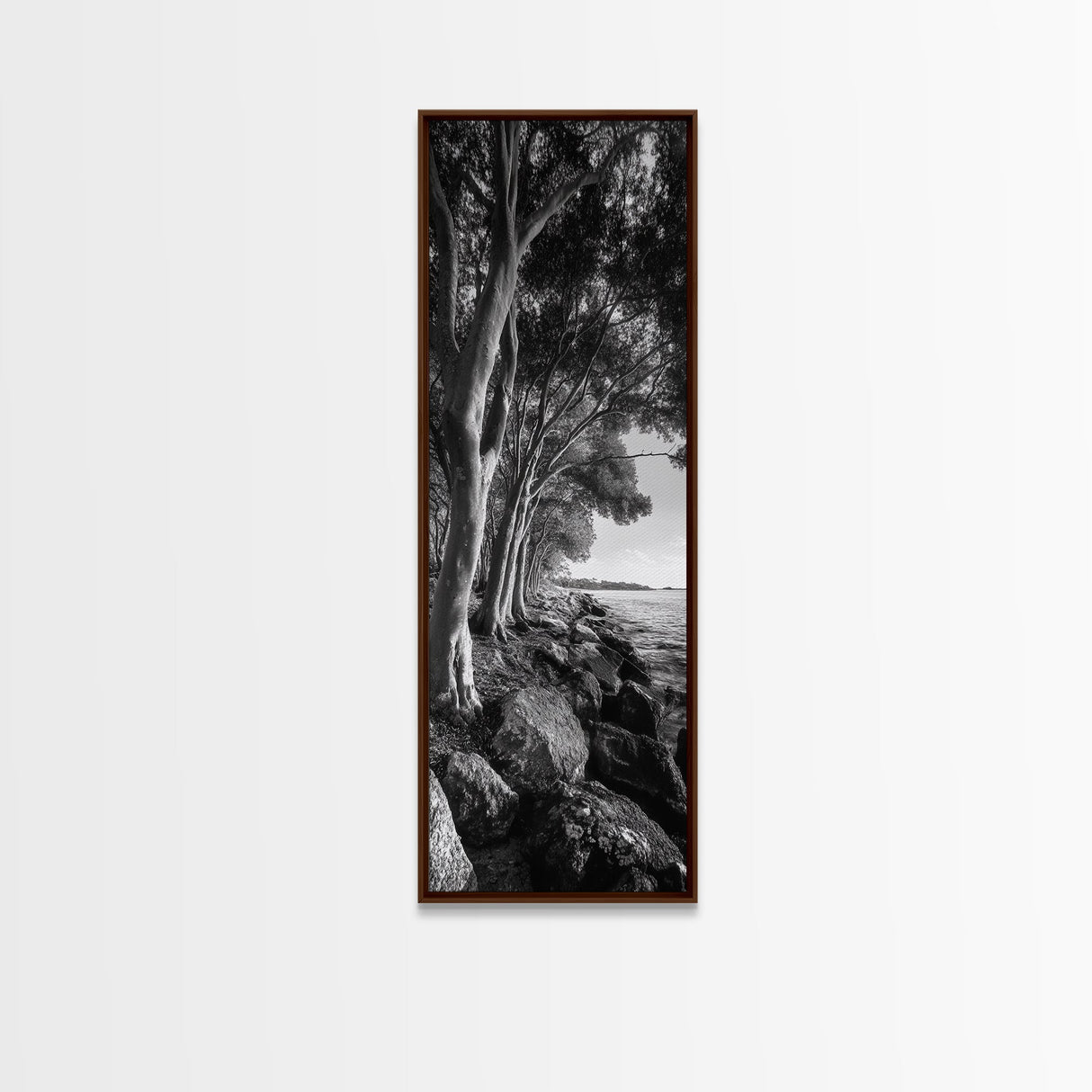 Riverside Trees, Rocky Shore, Natural Light, Canvas Print, Tranquil Forest Photography, Boho Nature Decor, Living Room Wall Art