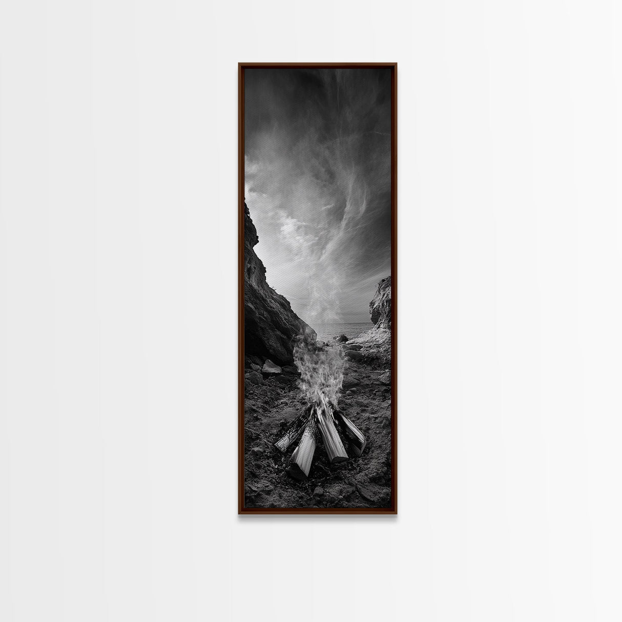 Campfire Smoke, Rocky Coastline, Moody Skies, Autumn Nature, Framed Canvas Print, Rustic Wall Decor, Cabin Aesthetic, Living Room Art