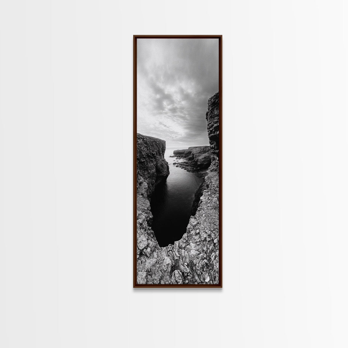 Seaside Cliffscape, Ocean Horizon, Monochrome Nature Scene, Framed Canvas Print, Coastal Living Room Art, Modern Rustic Wall Decor