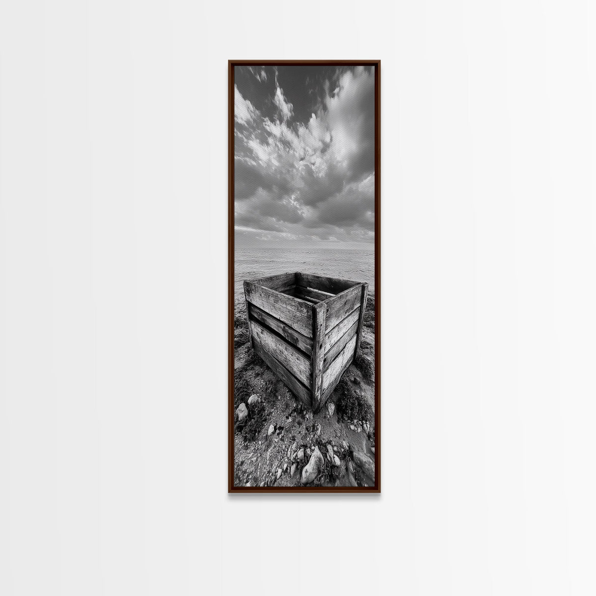 Rustic Crate, Ocean View, Weathered Wood, Coastal Still Life, Framed Canvas Print, Boho Bathroom Art, Nautical Living Room Decor
