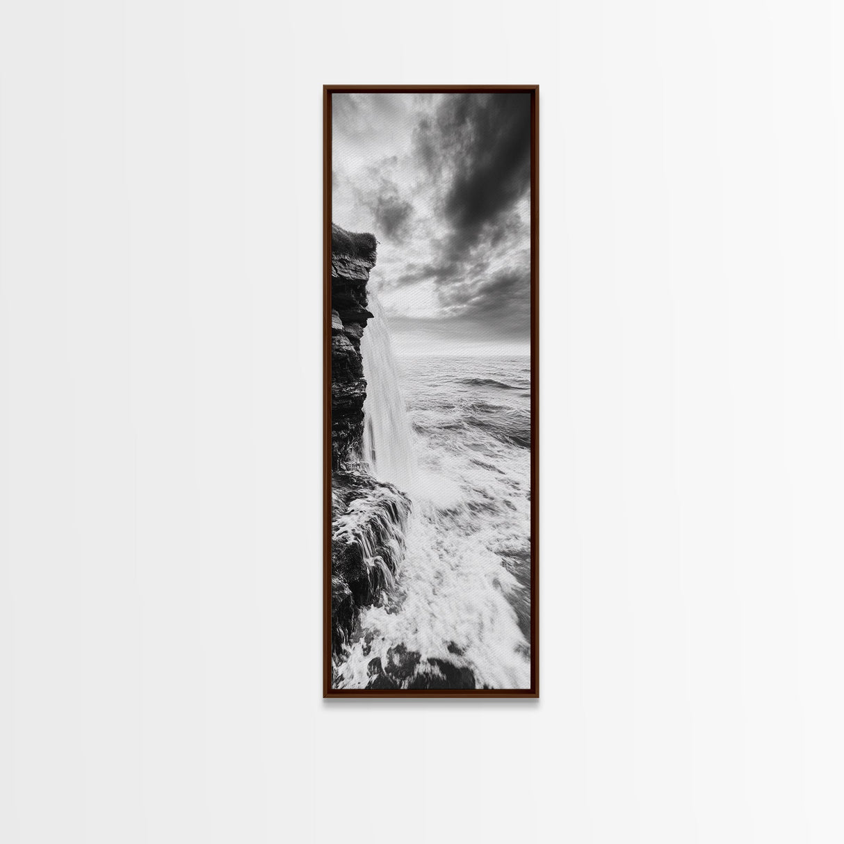 Ocean Waterfall, Coastal Nature, Monochrome Landscape, Framed Canvas Print, Minimalist Bathroom Wall Art, Black White Ocean Art