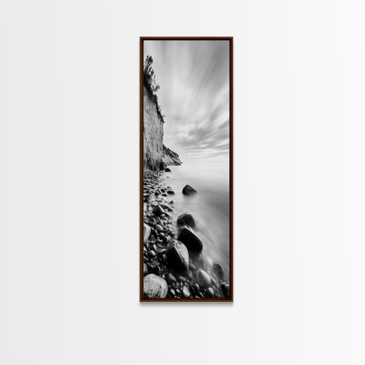 Rocky Shoreline, Coastal Calm, Seaside Mist, Canvas Print, Black White Minimalist Wall Art, Serene Bedroom or Bathroom Decor