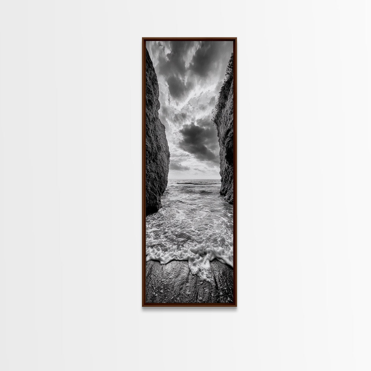 Ocean Gap, Cliffside Horizon, Black White Waves, Framed Canvas Print, Modern Coastal Wall Art, Nautical Living Room Decor, Nature Decor