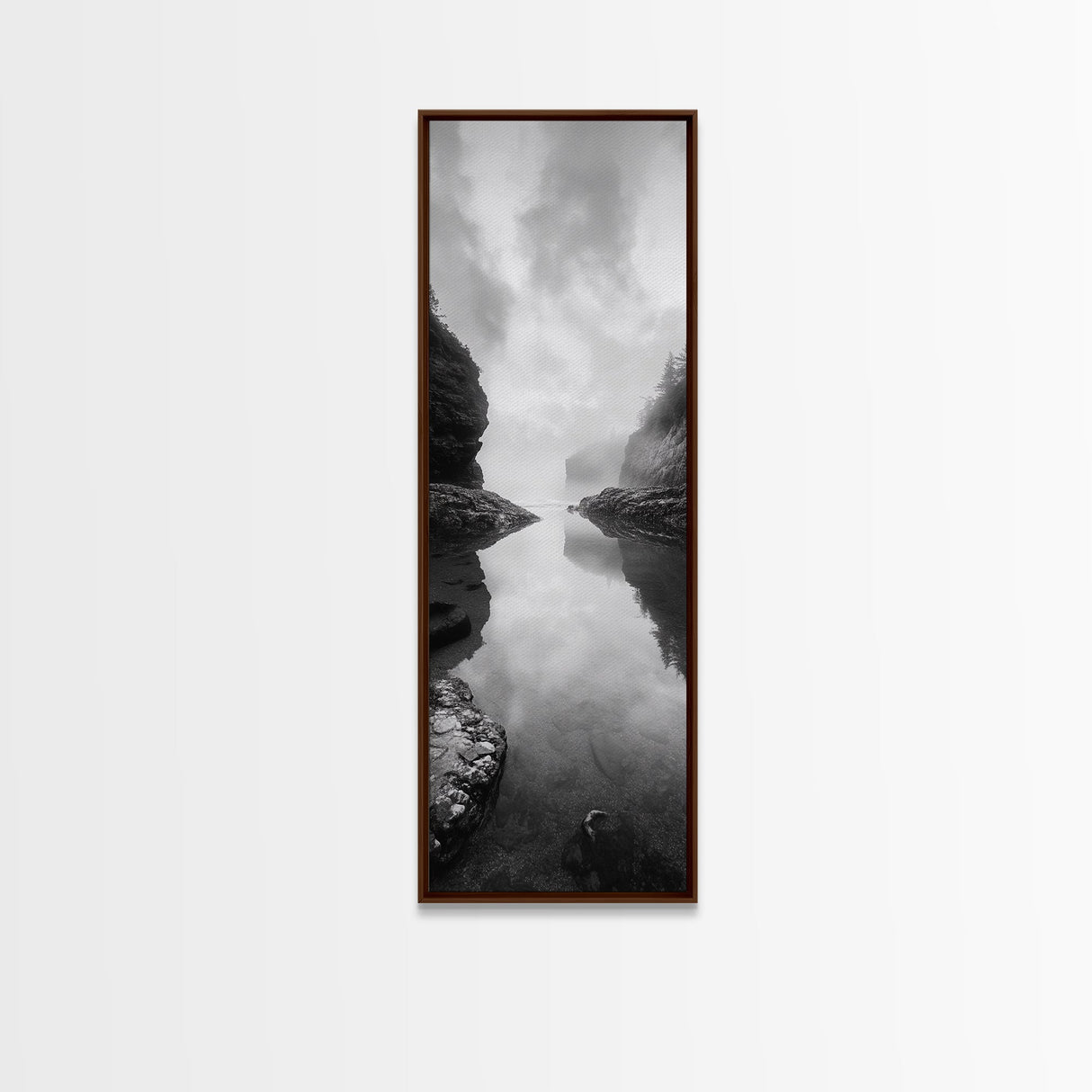 Misty Inlet, Rocky Shoreline, Tranquil Waters, Canvas Print, Moody Landscape Photography, Living Room Art, Nature Inspired Decor