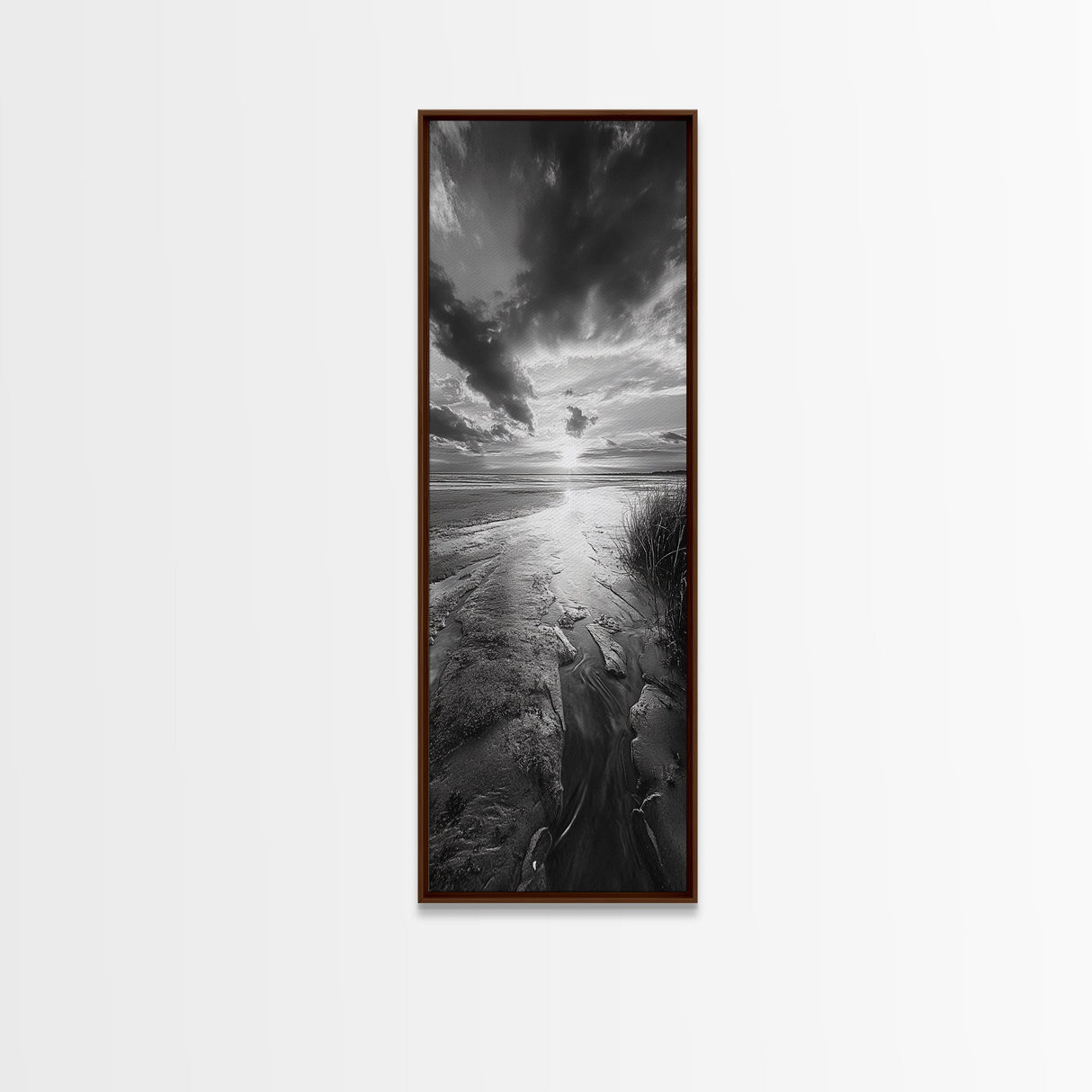 Sunset Shore, River Stream, Dramatic Sky, Framed Canvas Print, Nature Wall Art, Fall Landscape Decor, Tranquil Home Accent, Rustic Room Decor