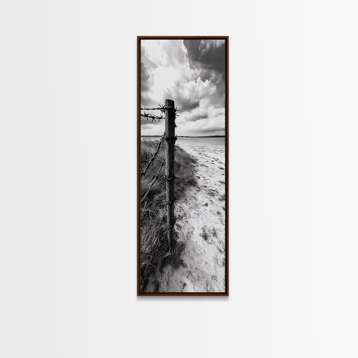 Barbed Fence, Sandy Dunes, Stormy Skies, Moody Coast, Natural Tension, Framed Canvas Print, Living Room Wall Art, Modern Western Decor
