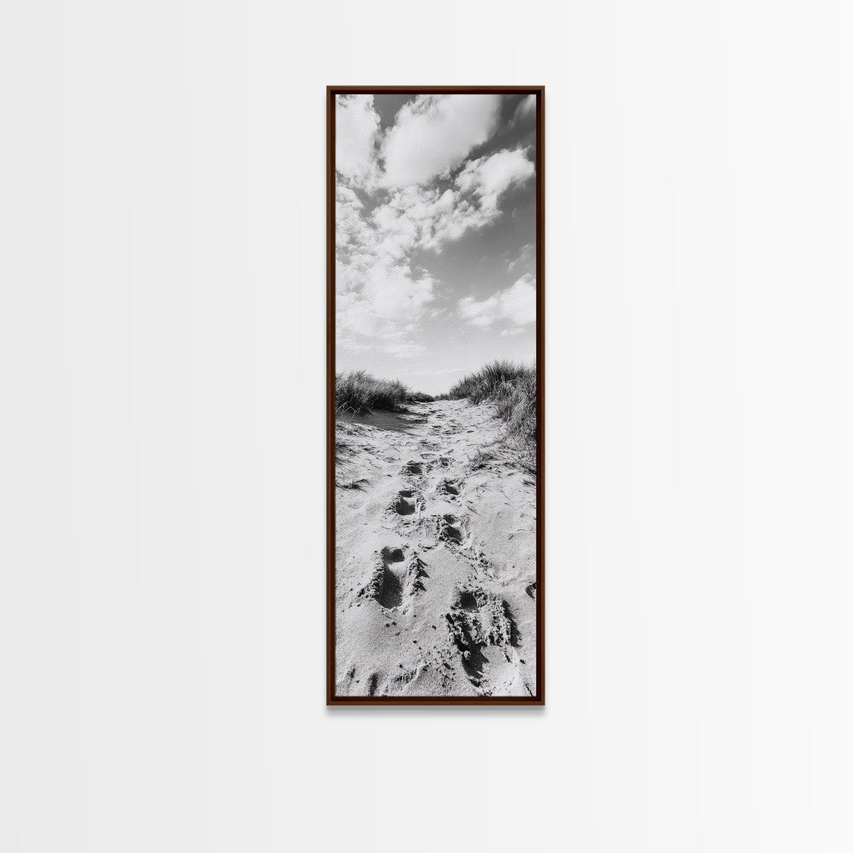 Sandy Trail, Dune Path, Footprints Grass, Canvas Print, Fall Coastal Decor, Boho Entryway Art, Black and White Beach Landscape
