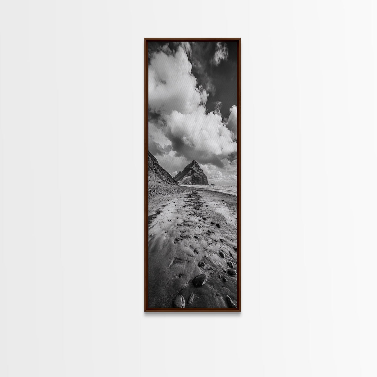 Mountain Beach Path, Cloudy Sky Landscape, Black and White Nature Scene, Framed Canvas Print, Entryway Fall Coastal Wall Decor