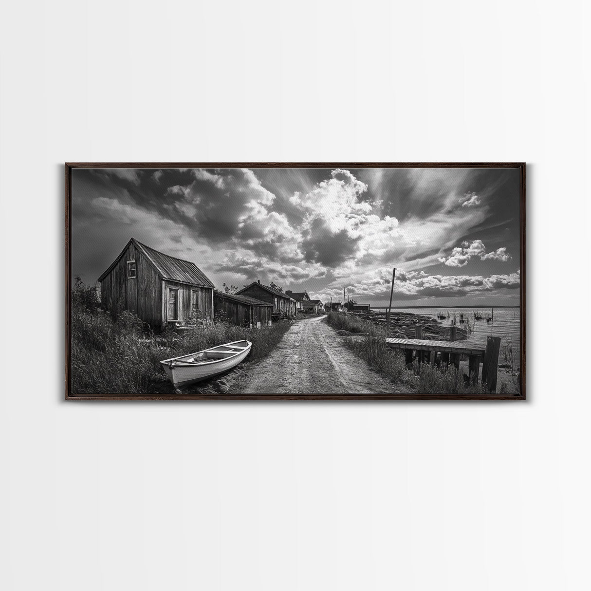 Seaside Village, Driftwood Cabins, Coastal Road, Vintage Fishing Town, Framed Canvas Print, Rustic Kitchen Wall Art, Moody Monochrome