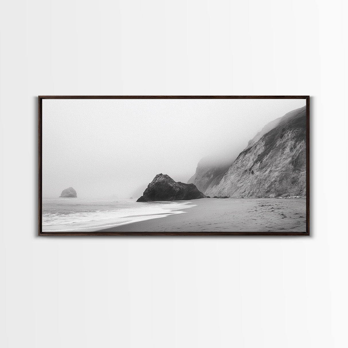 Foggy Beach Boulders, Minimalist Shoreline, Moody Monochrome, Canvas Print, Neutral Bathroom Art, Zen Wall Decor, Calm Coastal Scene